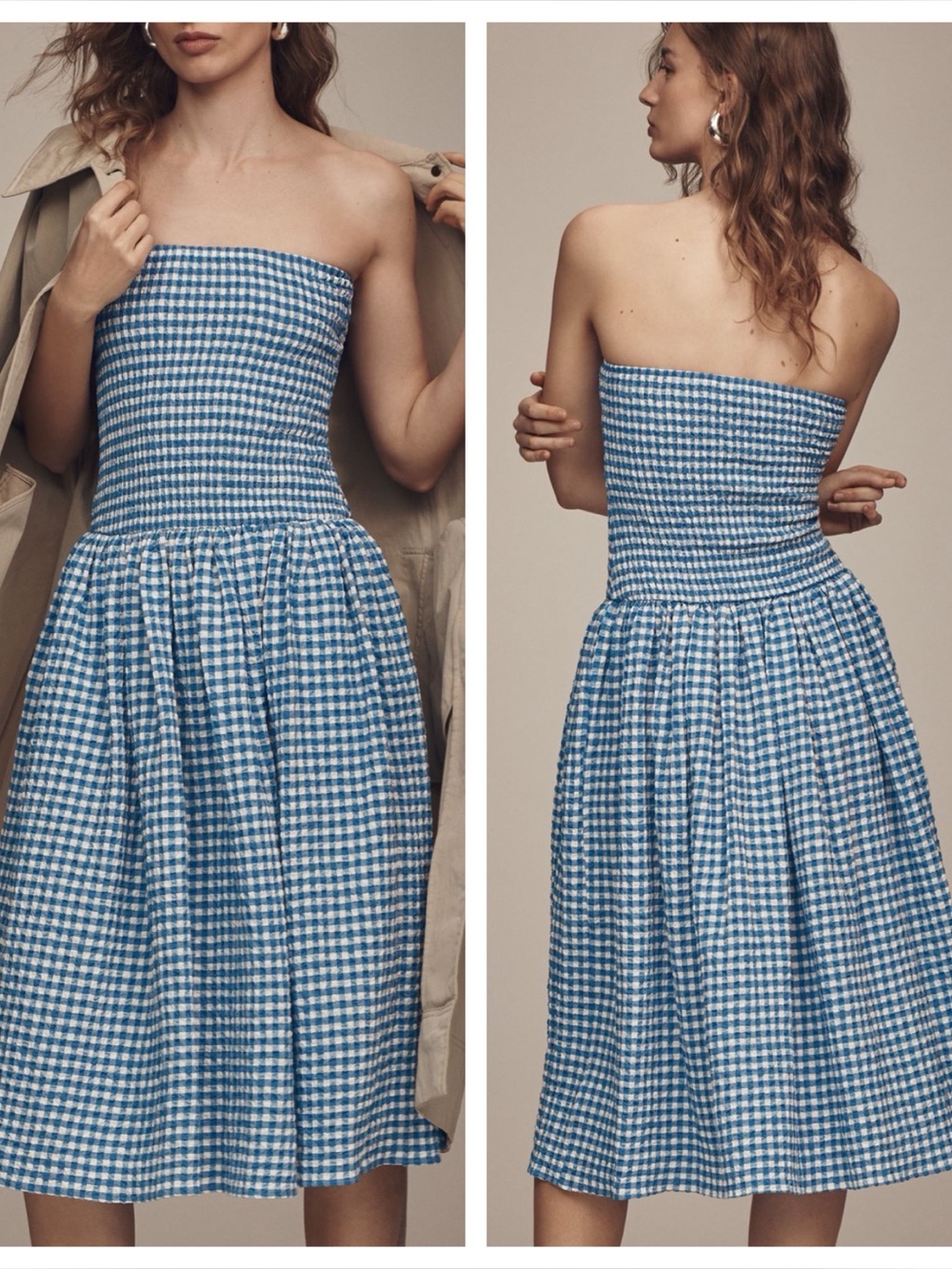Anthropologie Maeve Blue/White Gingham Strapless Smocked Midi Dress
